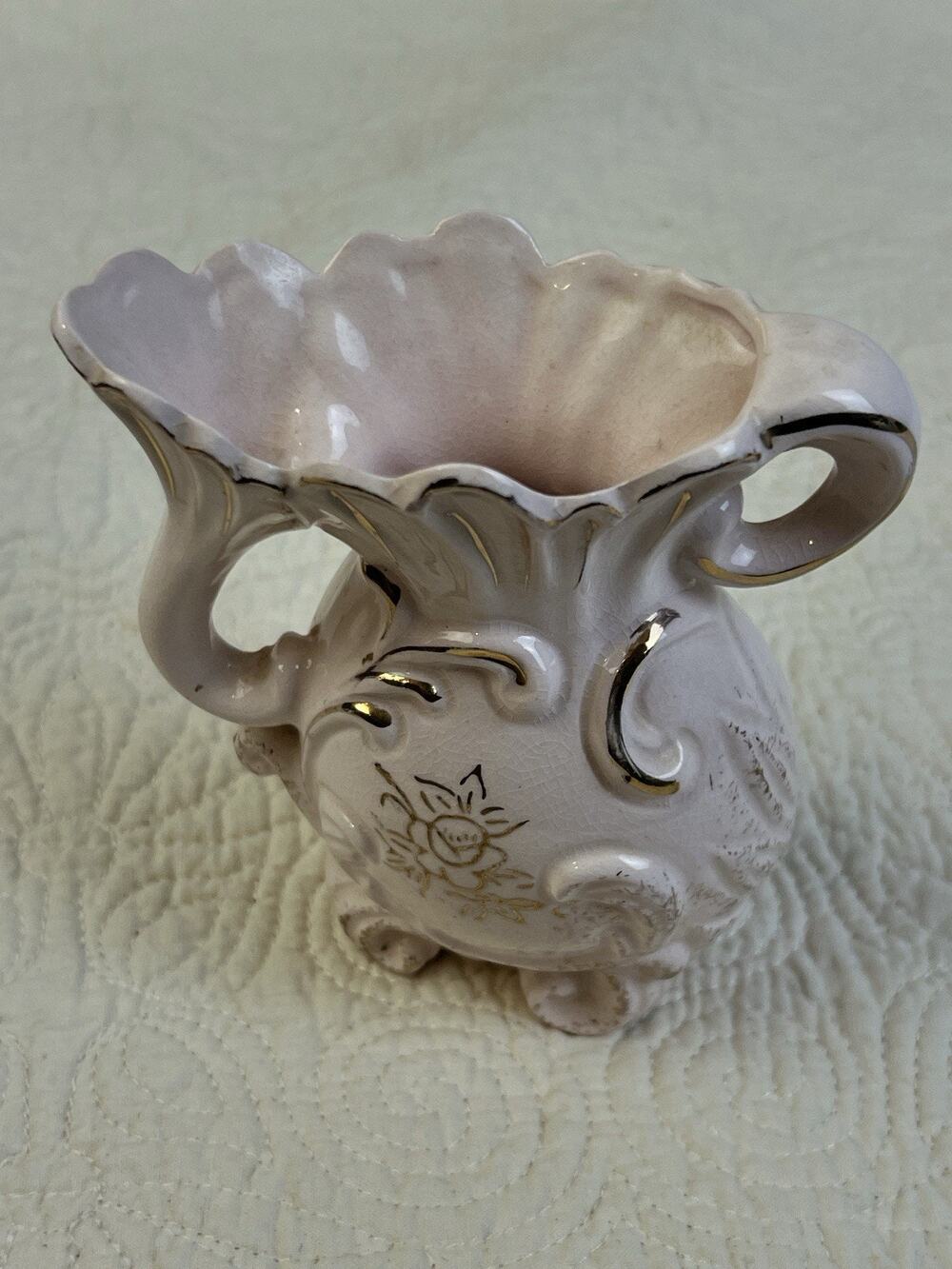 Vintage Porcelain Bud Vase Or Pitcher Gollld Trim 5" H Off White Victorian Rocco